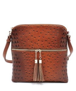 Ostrich Croc Zip Tassel Crossbody Bag OS062 TAN